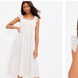 Loft Petite Clip Stripe Smocked Ruffle Midi Dress